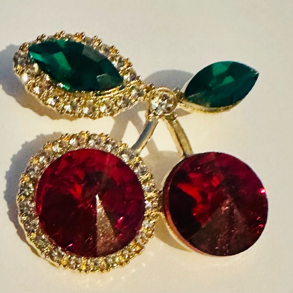 Elegant Gold Tone  Cherry Brooch with Red and Green Accents